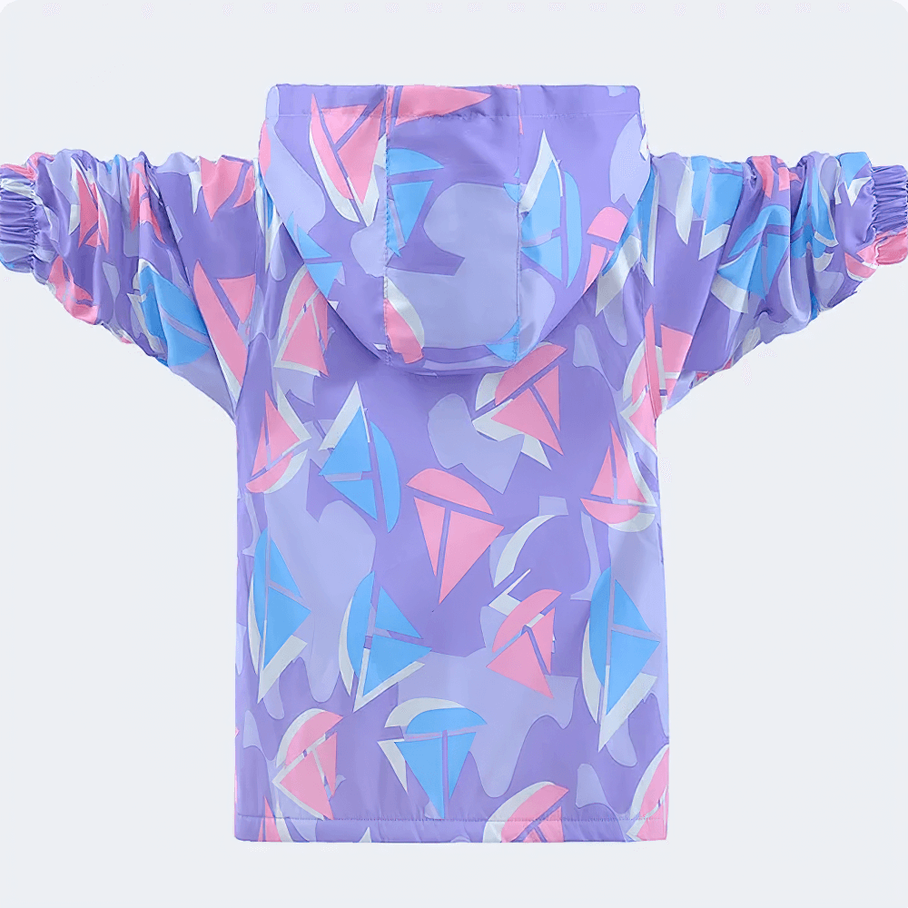 Colorful Windbreaker Jacket with Fleece Lining - SF3579 featuring vibrant pink, blue, and purple geometric design, kids' outdoor wear.